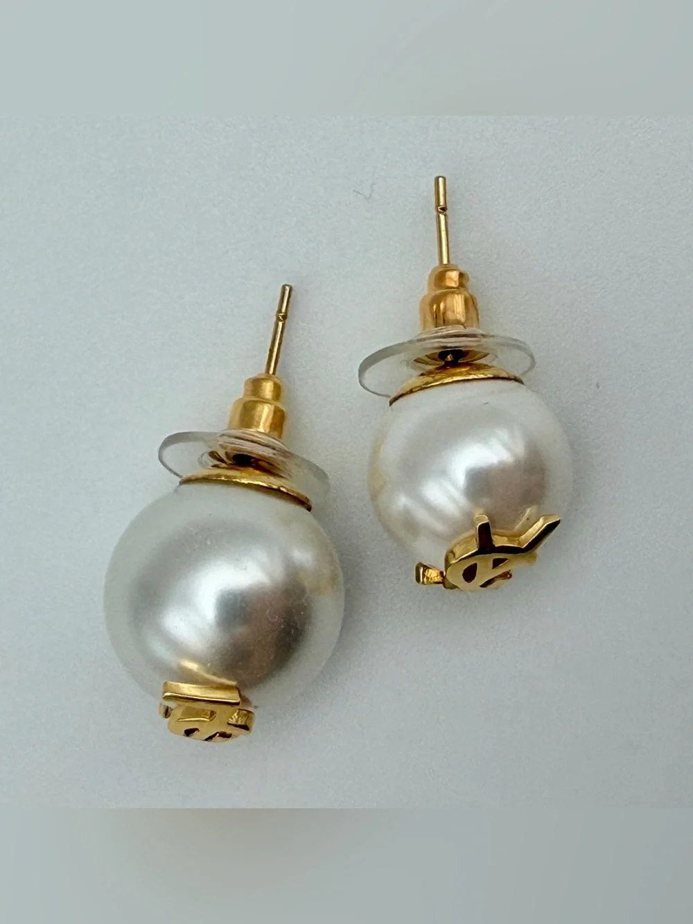Saint Laurent Gold Logo Pearl Cassandra Asymmetrical Stud Earrings YSL Gold Tone